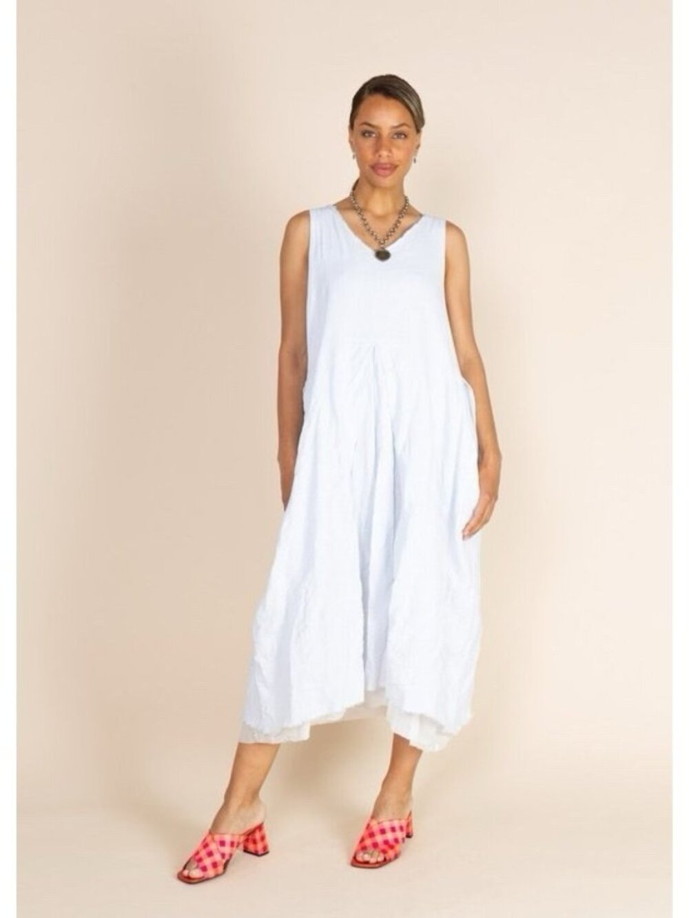 H+ Hannoh Wessel Roscka Dress White Checked Linen Midi 34 Pocketed Shift US 2